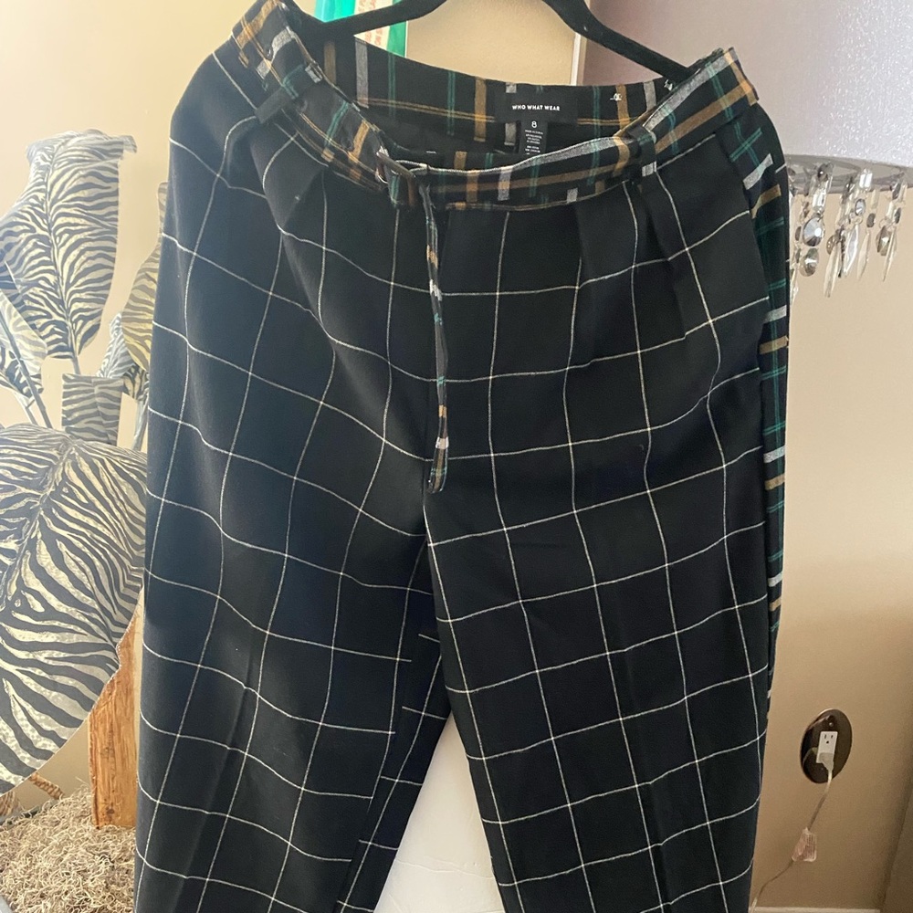 New without tag Who What Wear Check Womens Flannel Trousers Black Slim Wide-Leg